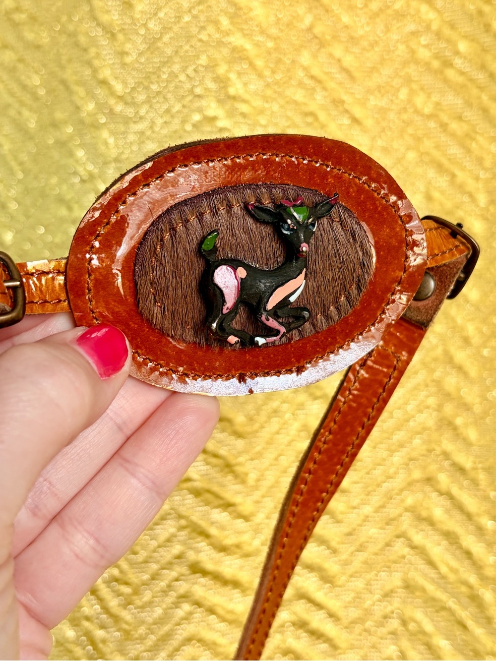 Vintage Brown Leather Belt with Animal Deer Inlay